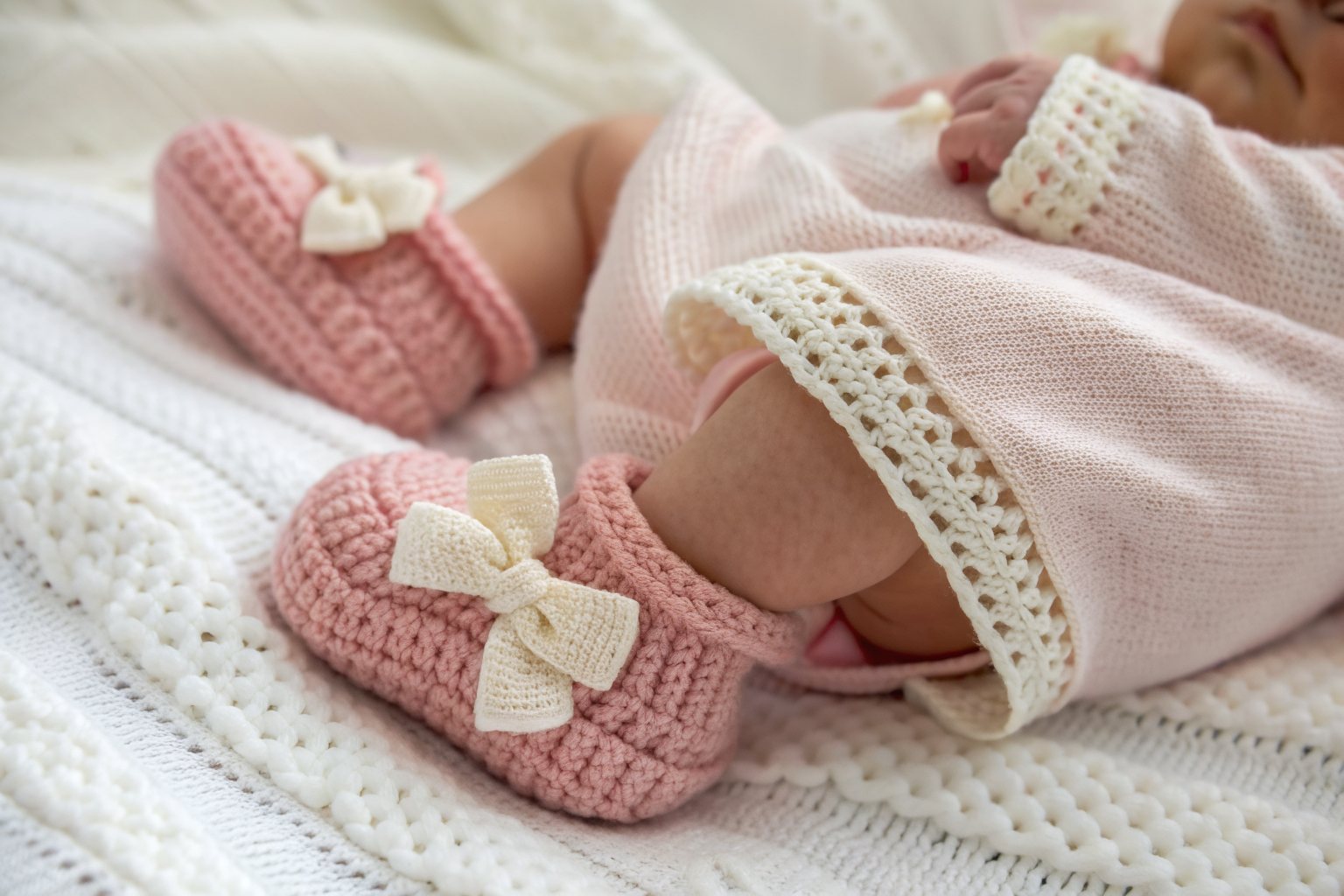 Bebê usando sapatinhos de crochê rosa com laço